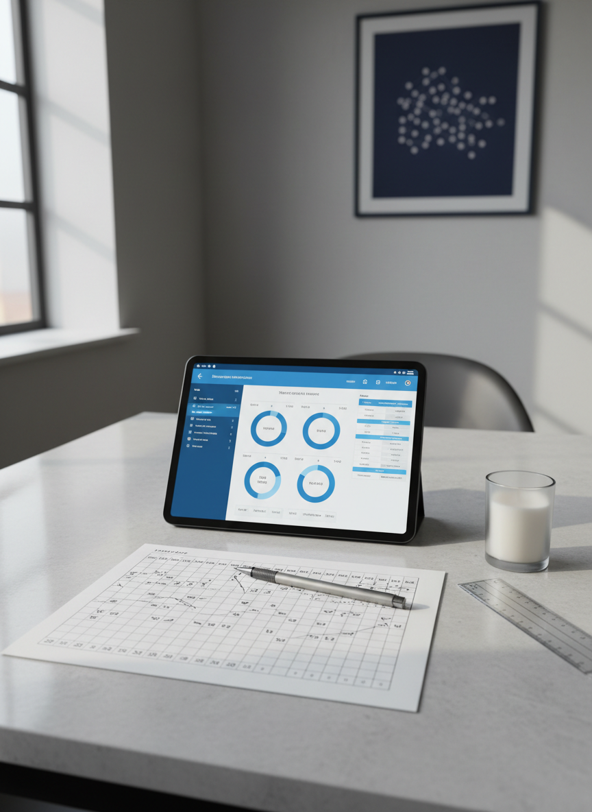 A serene, minimalist numerology analysis scene rendered in photographic realism. A matte black tablet displaying a clean, blue-and-white numerology dashboard with charts and numeric matrices lies on a pale stone table. Next to it, a perfectly sharpened mechanical pencil rests atop a crisp worksheet filled with carefully arranged numbers and name strokes. A slim, transparent acrylic ruler and a small, frosted glass candle holder with an unlit white candle add subtle texture. Cool, diffused daylight from a nearby window creates soft reflections on the tablet screen and gentle, precise shadows. The background shows a blurred, tidy office with neutral gray walls and a single abstract constellation artwork. Captured from a three-quarter overhead angle with sharp focus throughout, the mood is rational, composed, and supportive of methodical, accurate divination.