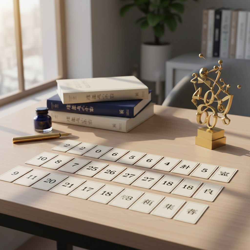 A close-up, photographic image of an elegant astrology consultation workspace styled for name divination and numerology. On a light wood tabletop sits a neatly stacked set of cream and indigo reference books labeled with subtle Japanese characters, next to a high-quality fountain pen and a perfectly aligned spread of ivory cards printed with crisp numbers and kanji-like names. A refined brass geometric sculpture resembling interconnected numbers and constellations adds a contemporary touch. Soft morning light filters in from the left, casting clean, linear shadows and giving the scene a calm, analytical atmosphere. The background fades into a gentle bokeh of neutral office tones. Shot from a slightly elevated angle with a balanced composition, the aesthetic is clean, modern, and professional, emphasizing clarity and intellectual depth in fortune telling.